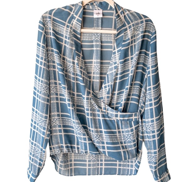 Cabi Sheer V Neck Blouse Windowpane Plaid Long Sleeve Blue Size XS Career Casual - Picture 2 of 8
